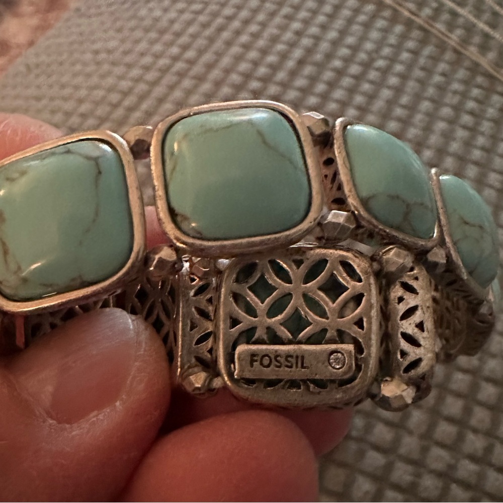 Fossil Turquoise And Silvertone Elastic Bracelet … - image 2